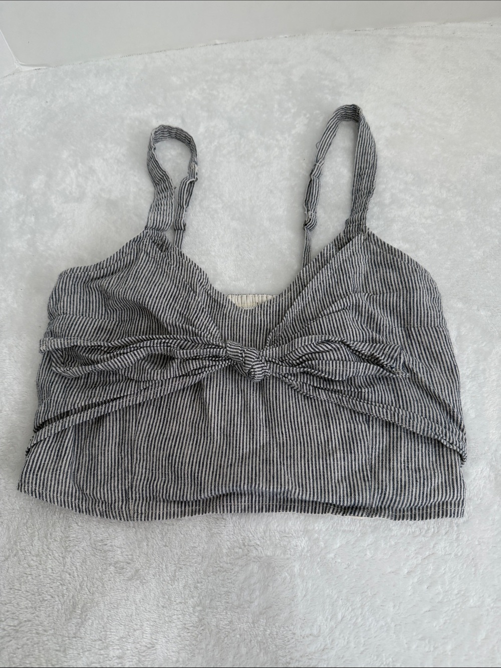 Abercrombie & Fitch Linen Blend Striped Knot-Front Crop Top - Black & White Size